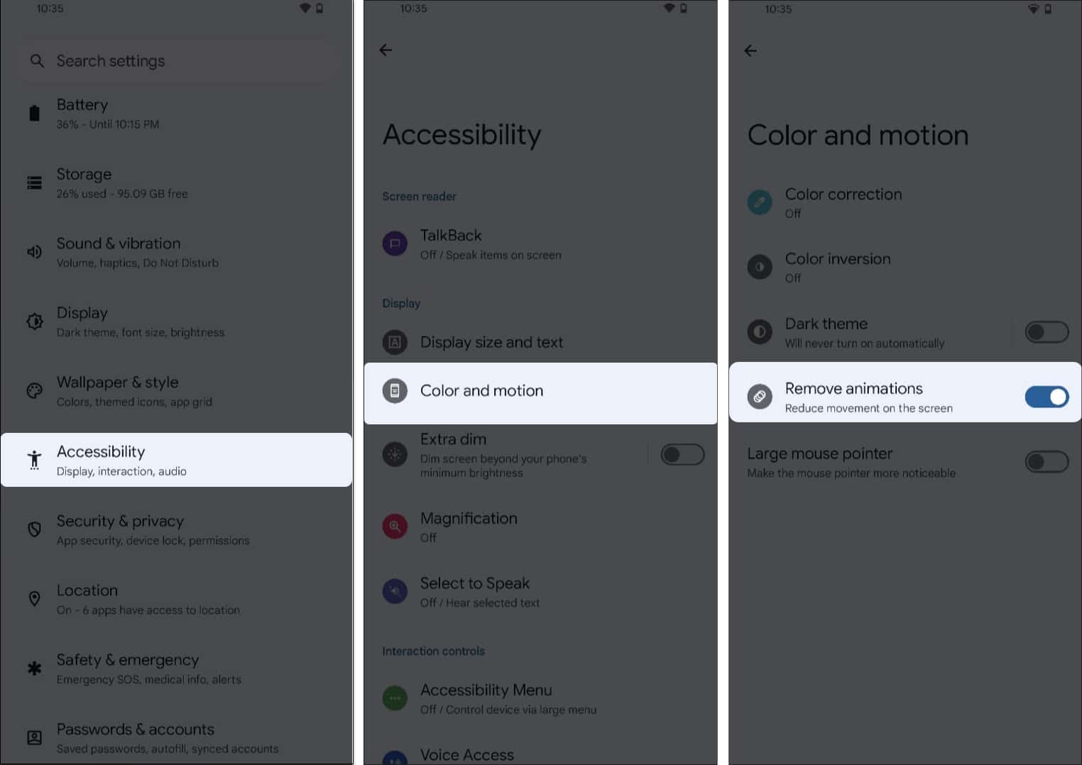 Go to Settings, Accessibility, Color and motion, Toggle on Remove animations