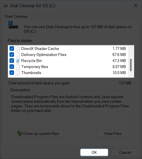 Checkmark boxes in disk cleanup