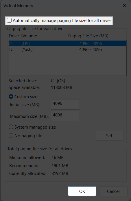 Disable Automatically manage paging file size for all drives