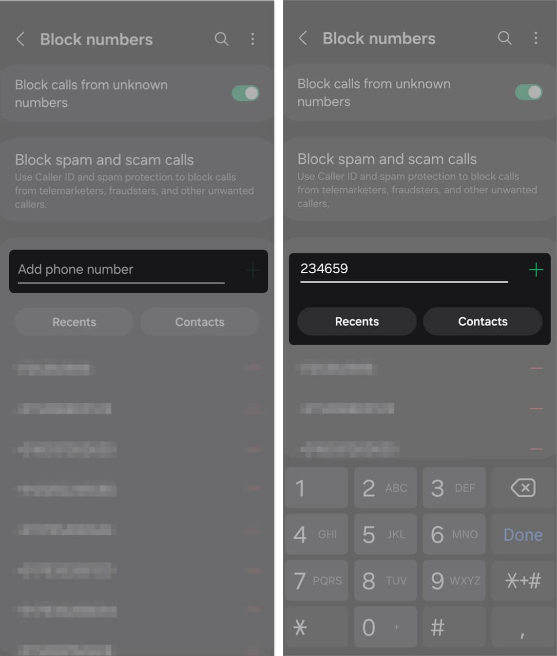 Enter the contact to block in add phone number, tap + sign