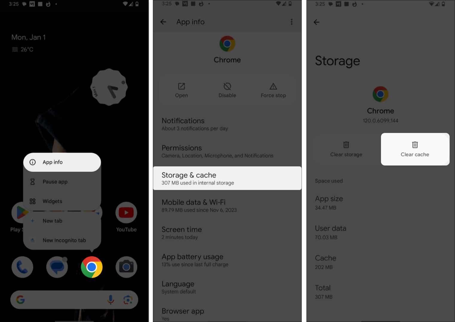 Go to chrome's App info select storage and cache and tap clear cache