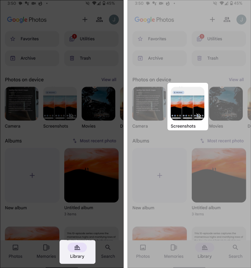 Launch photos app, move to library, tap screenshots