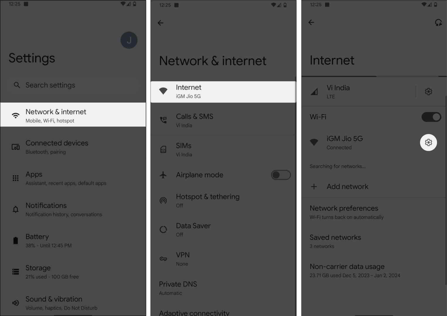 Network and internet, internet, setting icon next to connected Wi-Fi