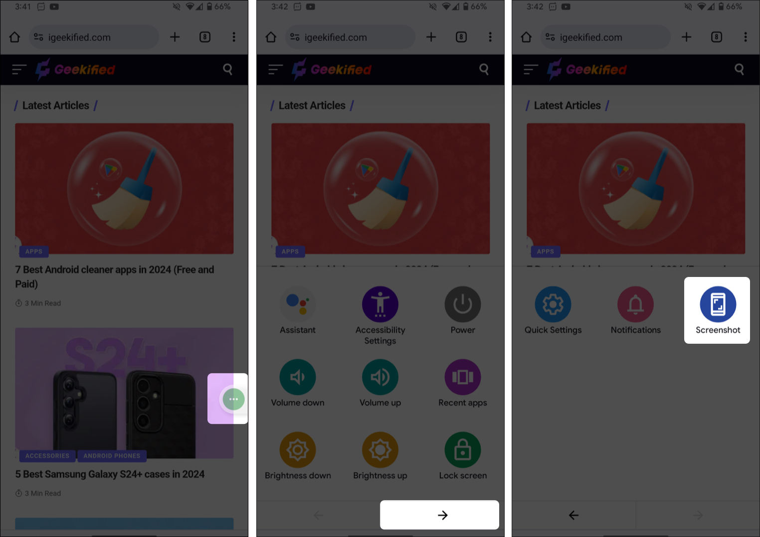Open accessibility menu, tap forward arrow or swipe left, choose screenshot