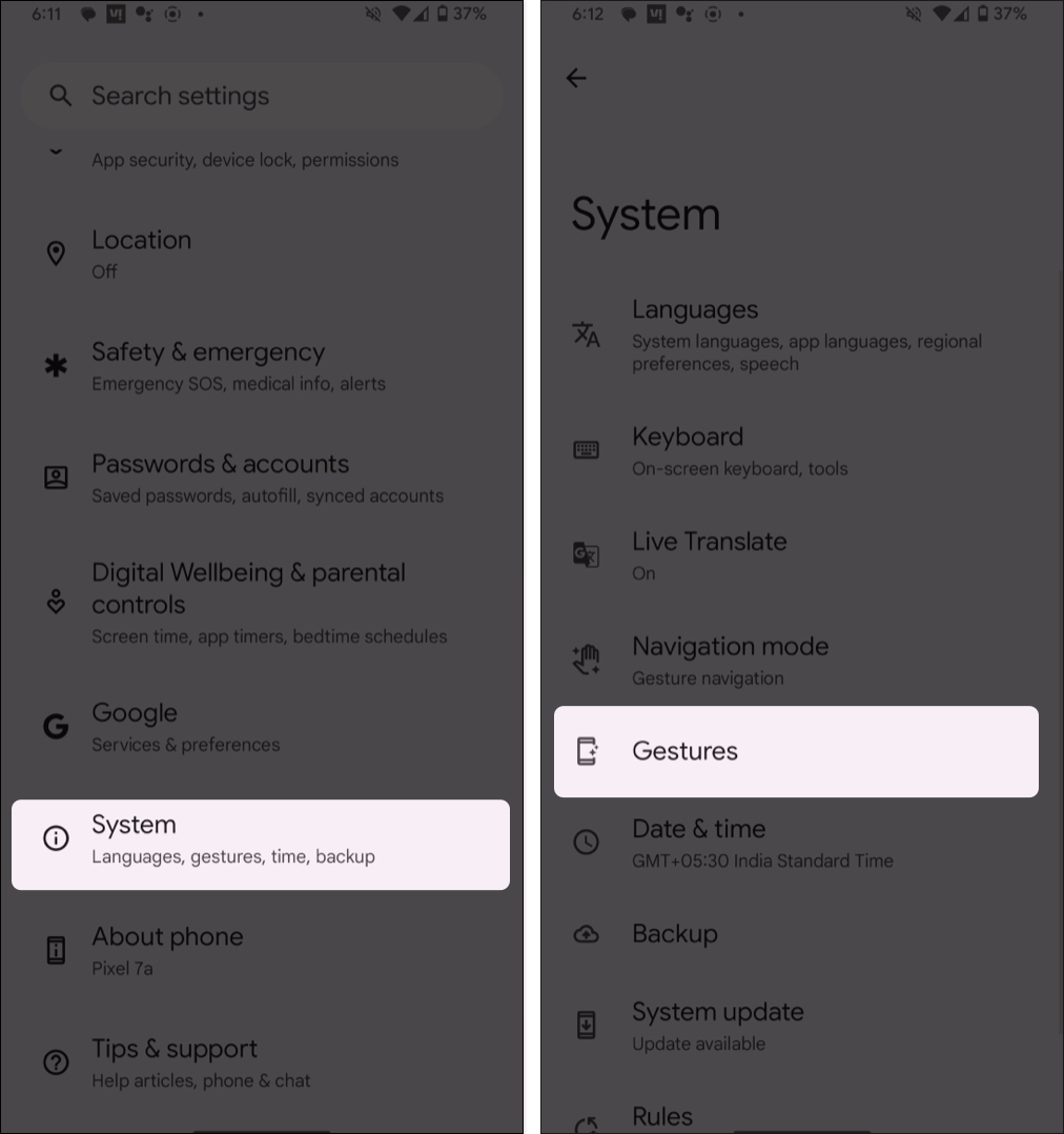 Open settings, move to system, tap gestures