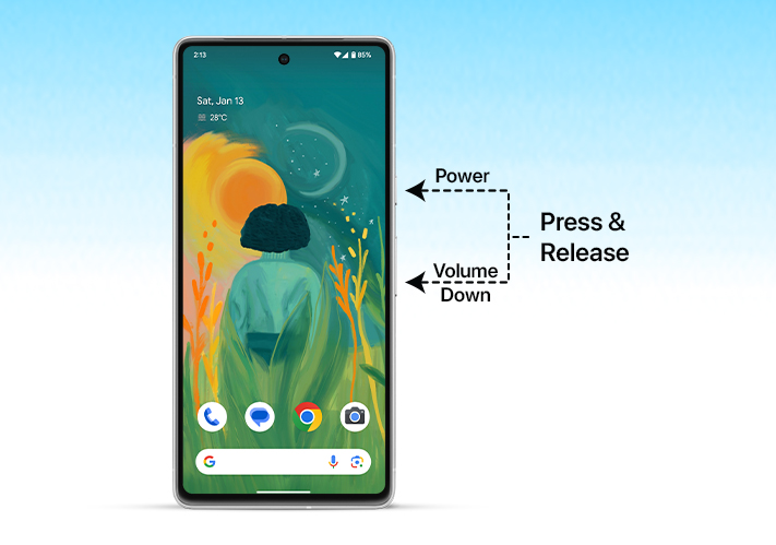 Press and release power and volume buttons to take screenshot on Android