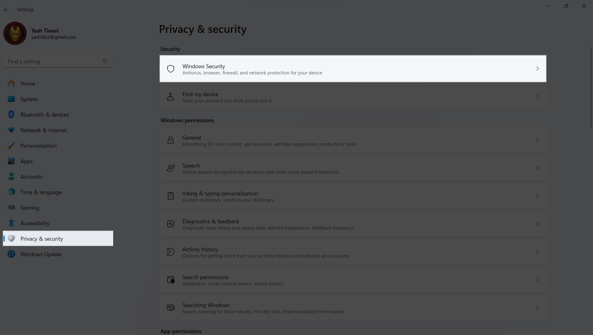 Privacy & security → Windows Security