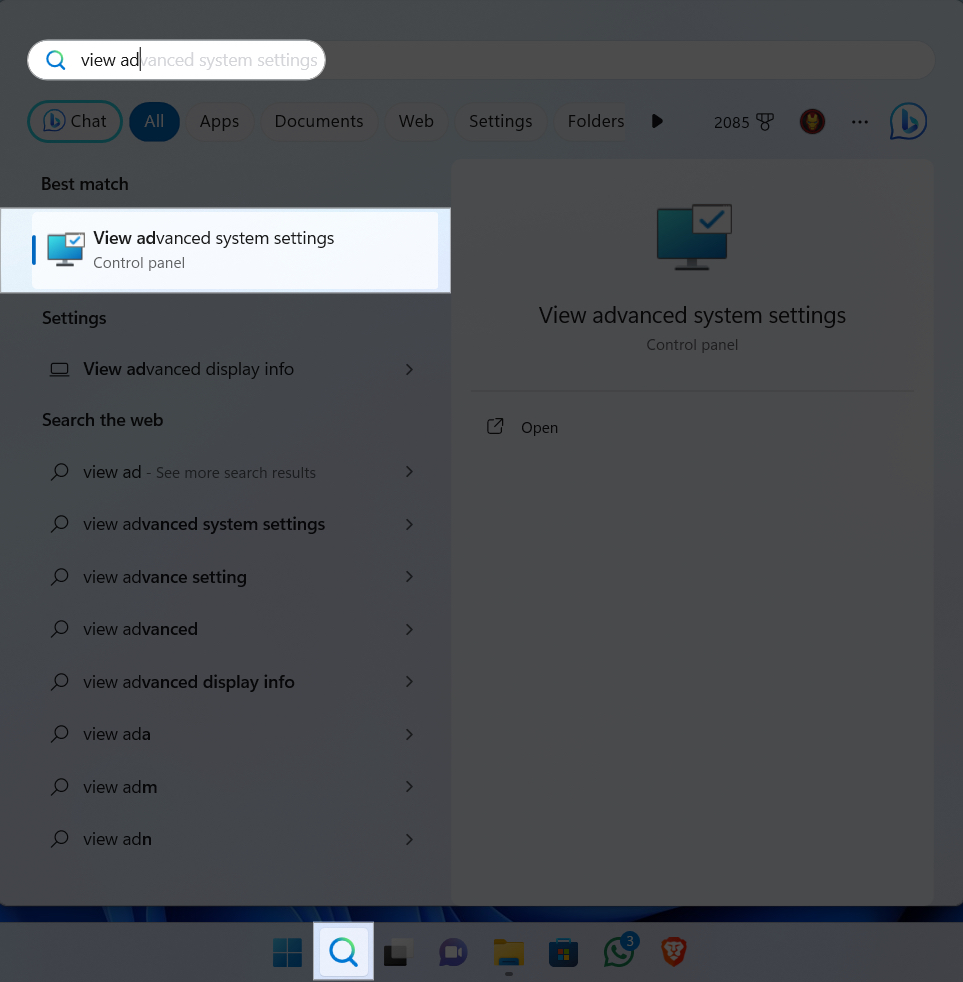 Search for View advanced system settings
