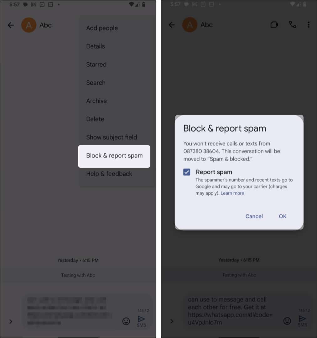 Select block & report spam, tap ok
