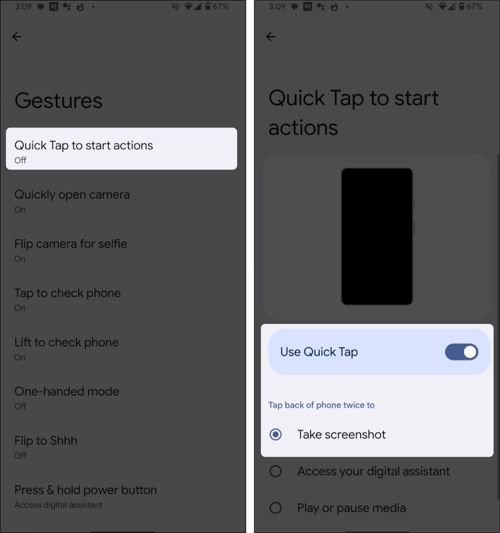 Tap quick tap to start actions, toggle on use quick tap, select take screenshot