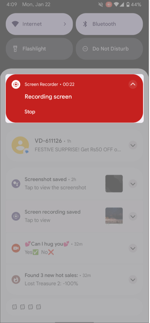 Tap stop in recording screen notification