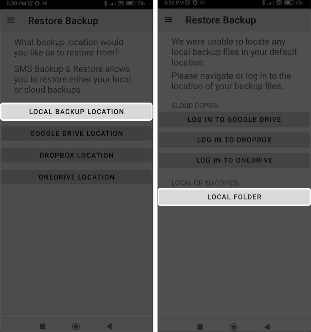 Tap the Local backup Location and select Local Folder