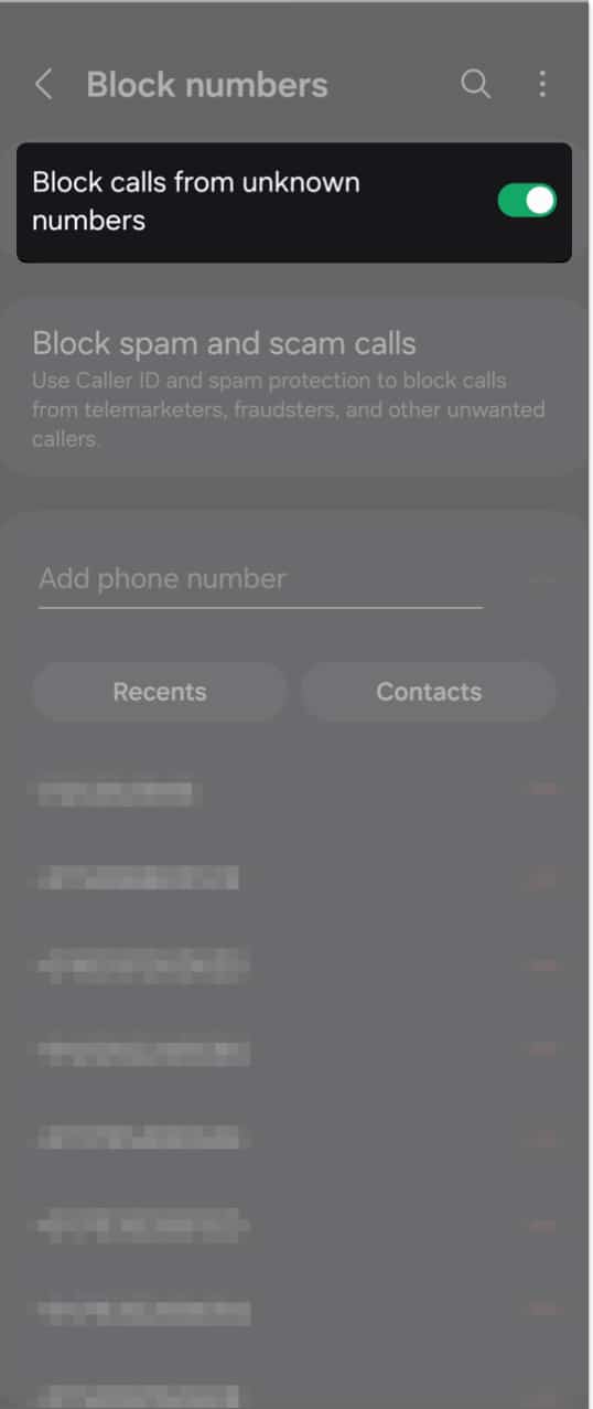 Toggle on block calls from unknown numbers