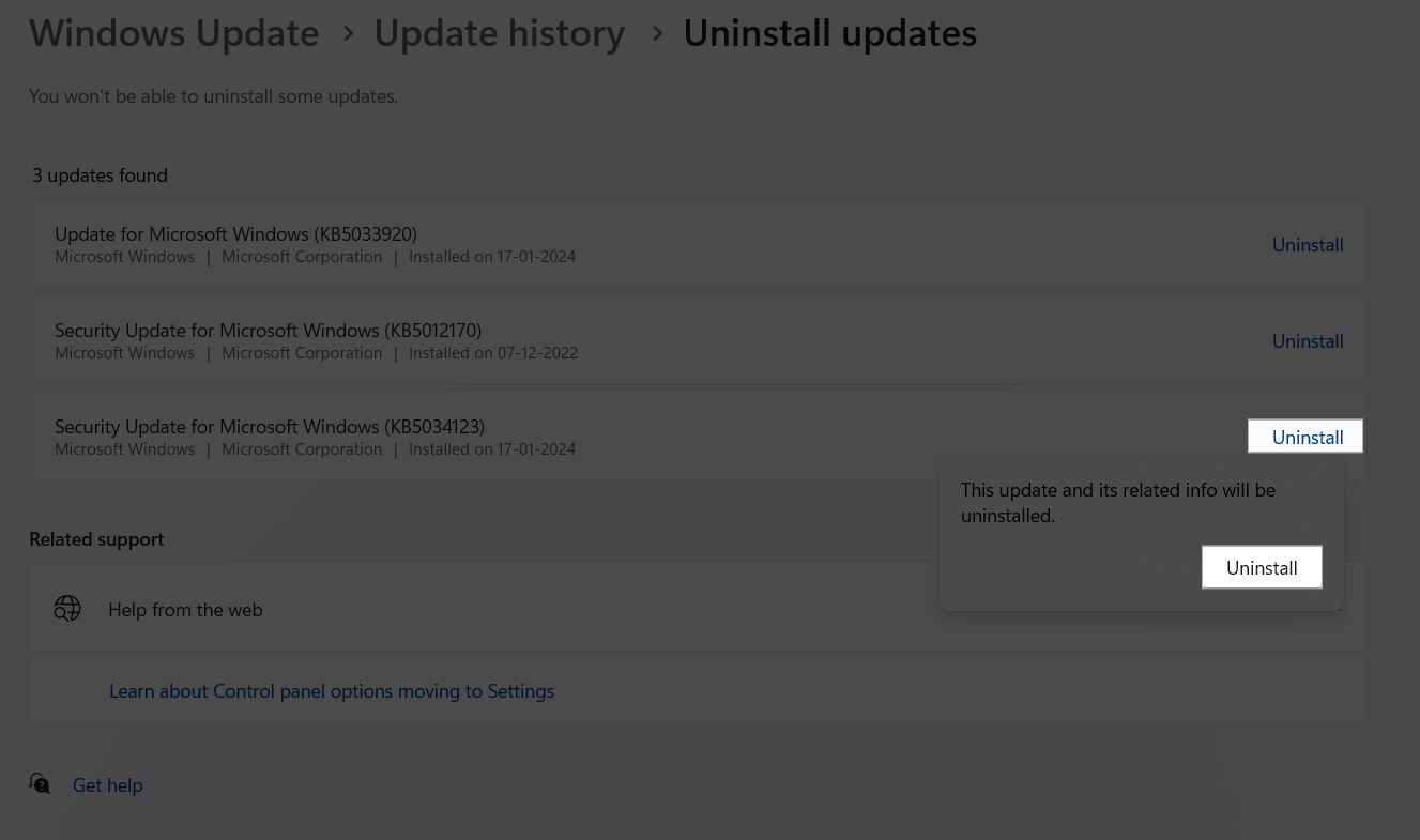 Uninstall saved update