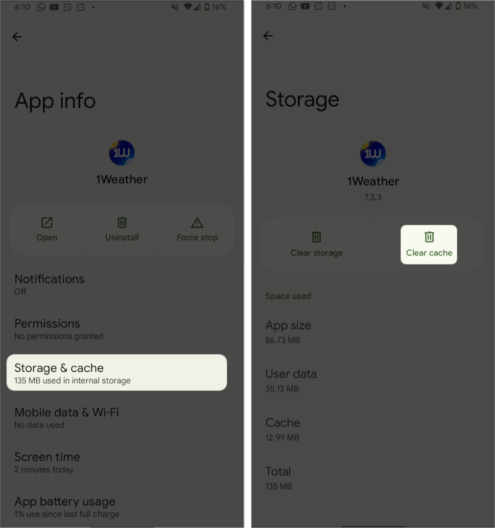 select storage and cache and tap clear cache in settings