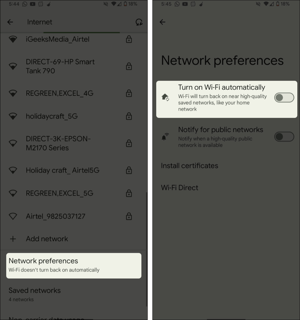 Choose network preferences, toggle off turn on Wi-Fi automatically