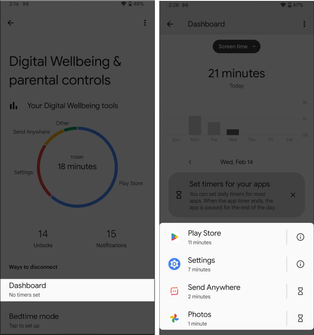 Tap Dashboard to view screen time of all apps