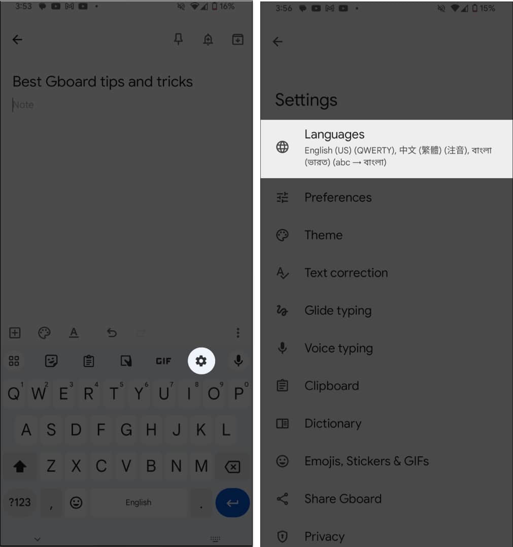 Go to Languages settings in Gboard