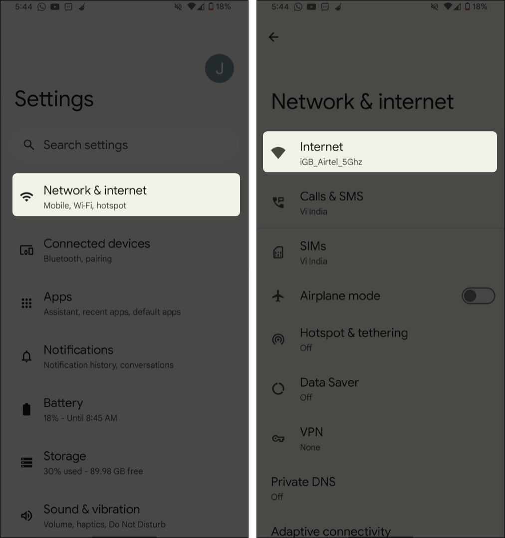 Go to network & internet in settings, tap internet