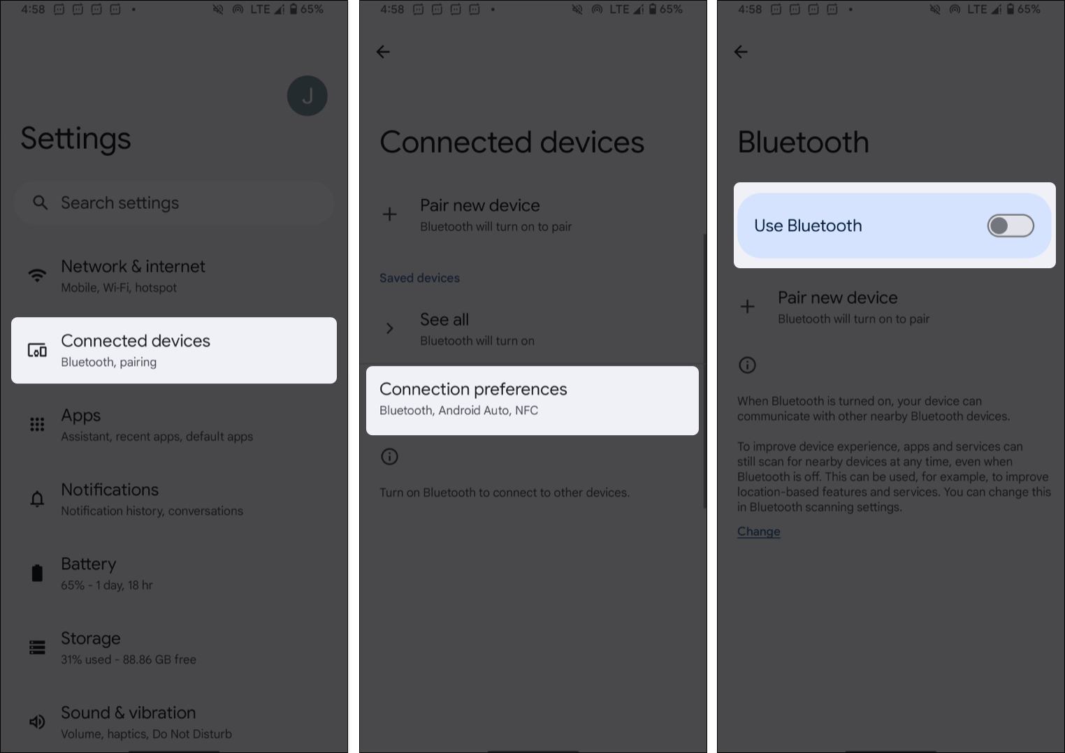 Launch settings, go to connected devices, select Connection preferences, toggle off use bluetooth