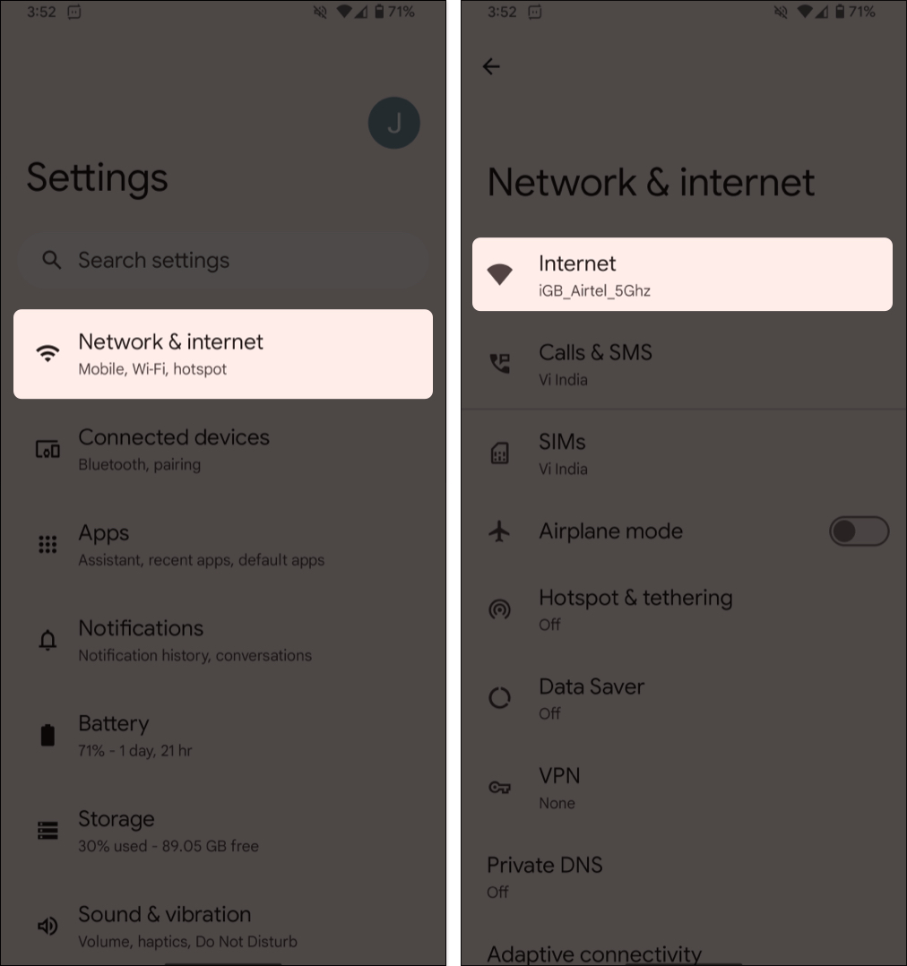 Open settings, go to network & internet, tap internet
