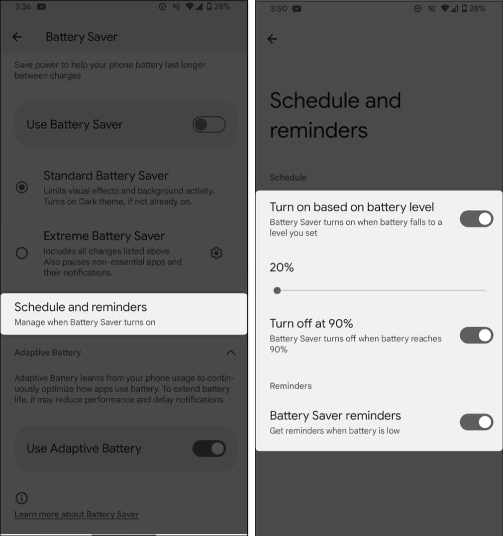 Schedule and reminders in Battery Saver