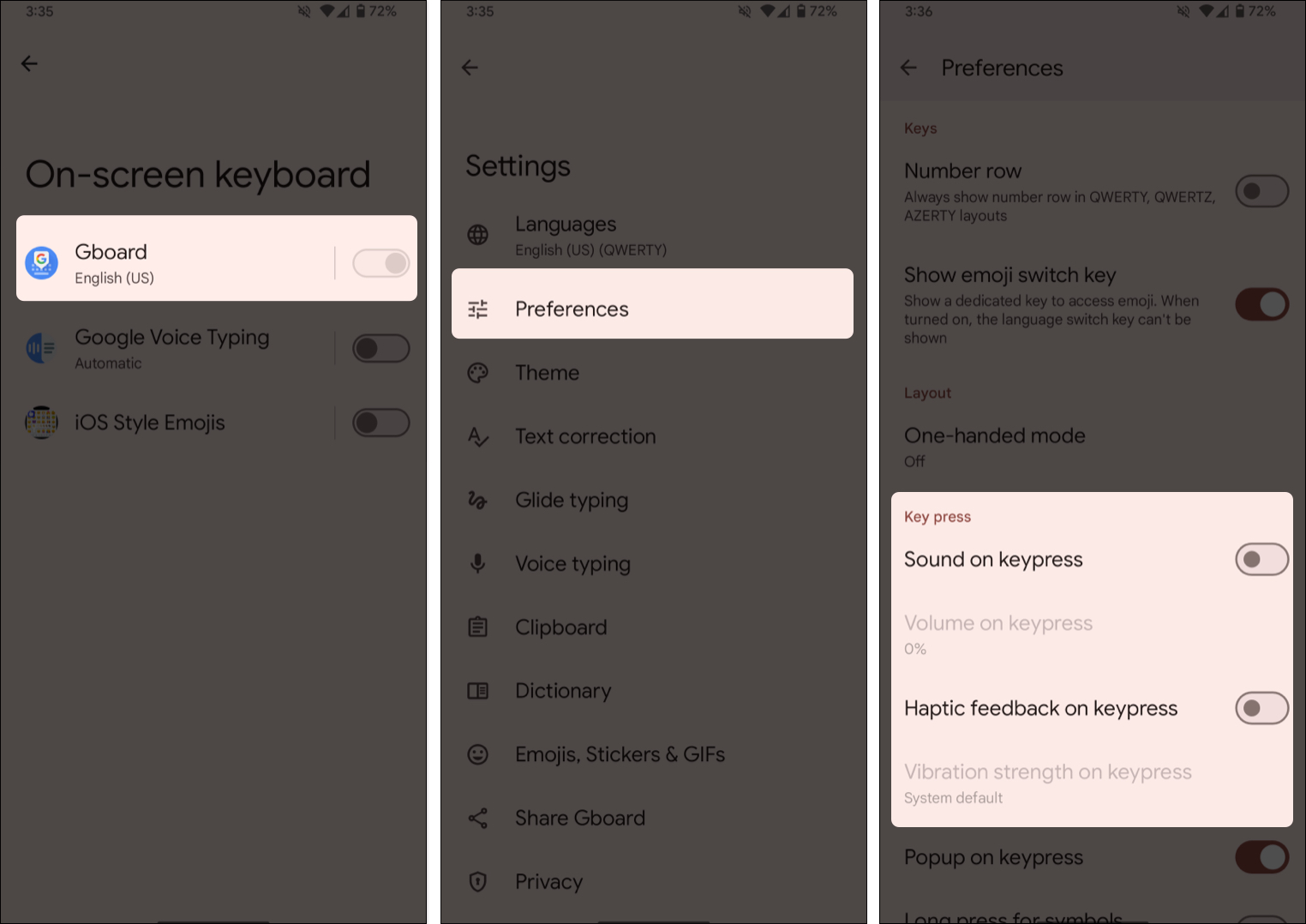 Select Gboard, tap preferences, toggle off sound on keypress and haptic feedback on keypress