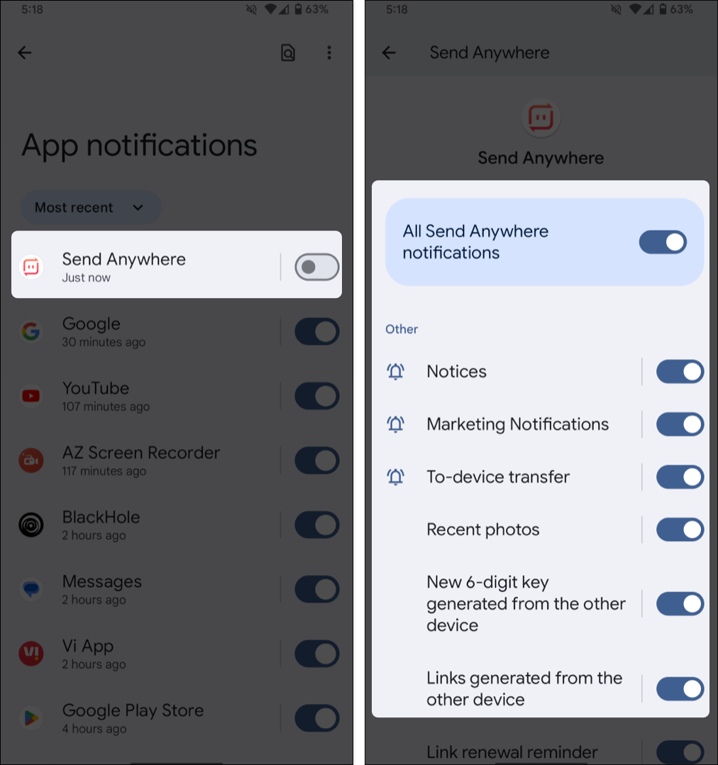 Toggle off notification bar, select the app, choose custom settings