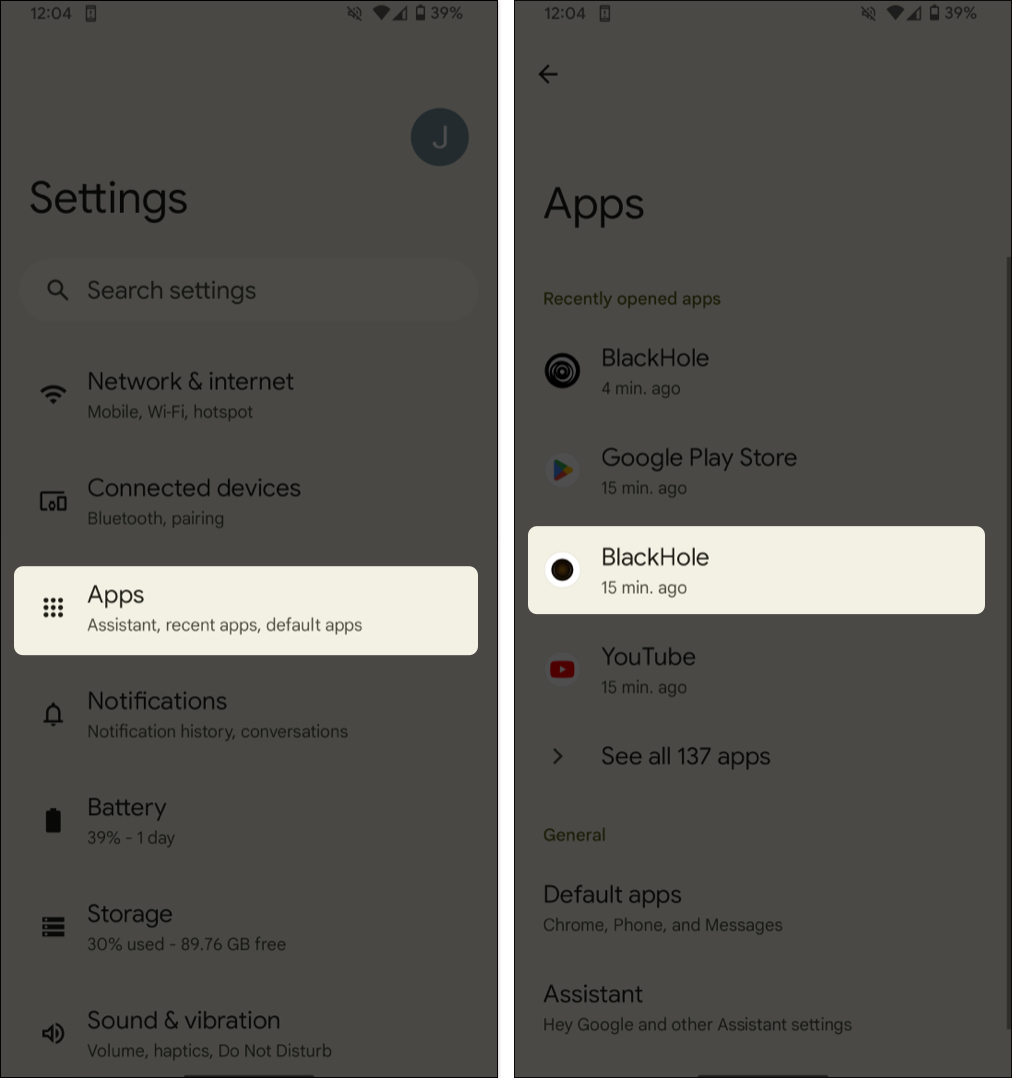 Visit settings, open apps, select an app