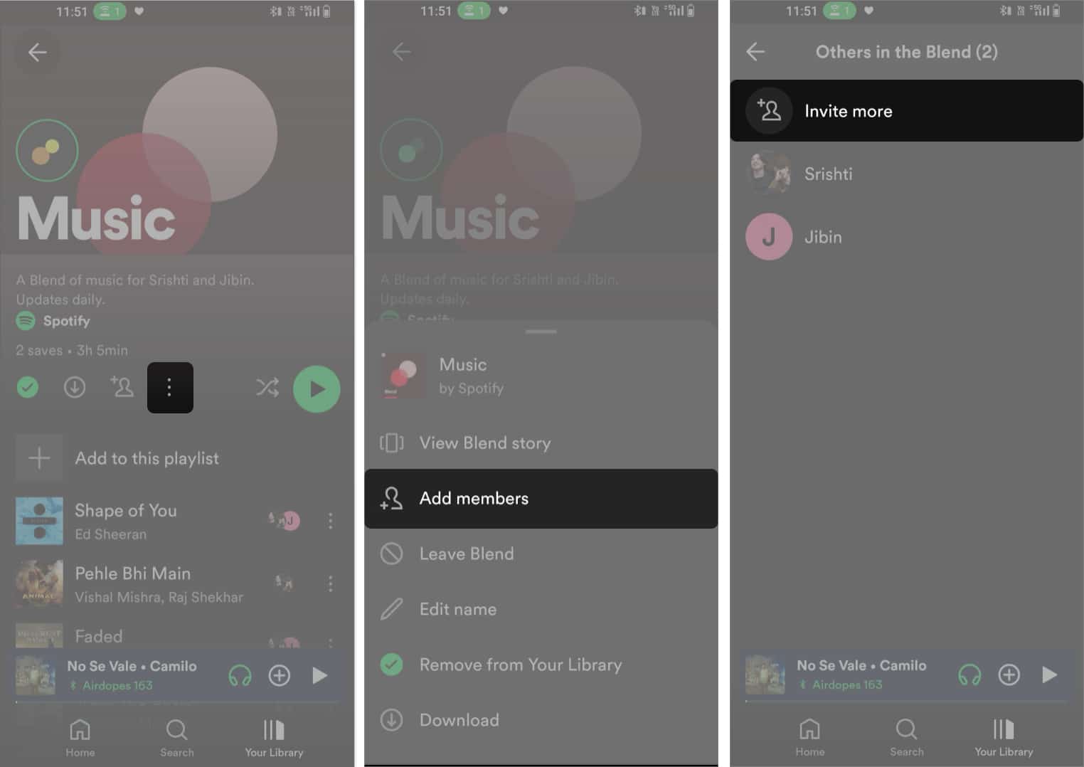 Move to Blend Playlist, Tap on three-dot icon, Choose Add members, Tap Invite more
