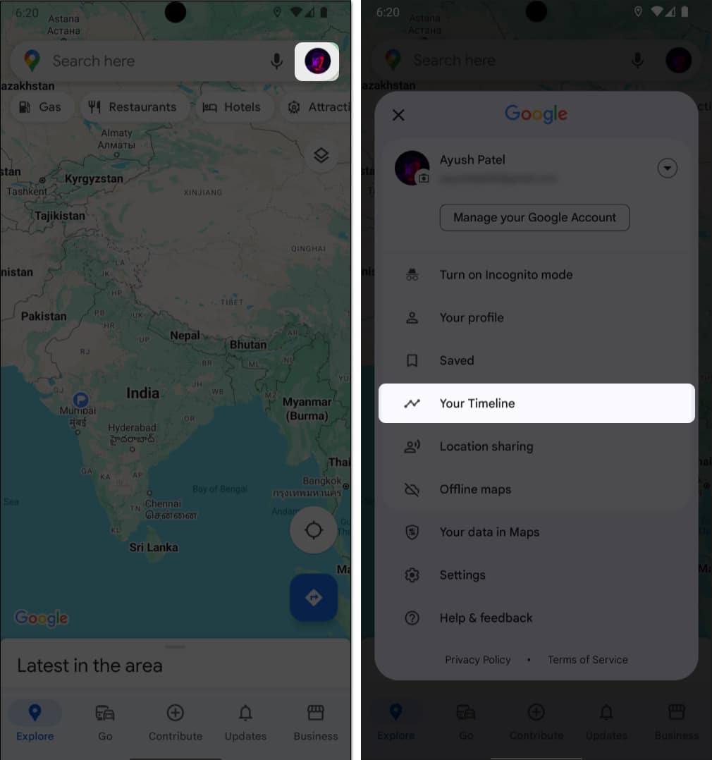 Open Google Maps, Tap on Profile Picture and select Your Timeline option