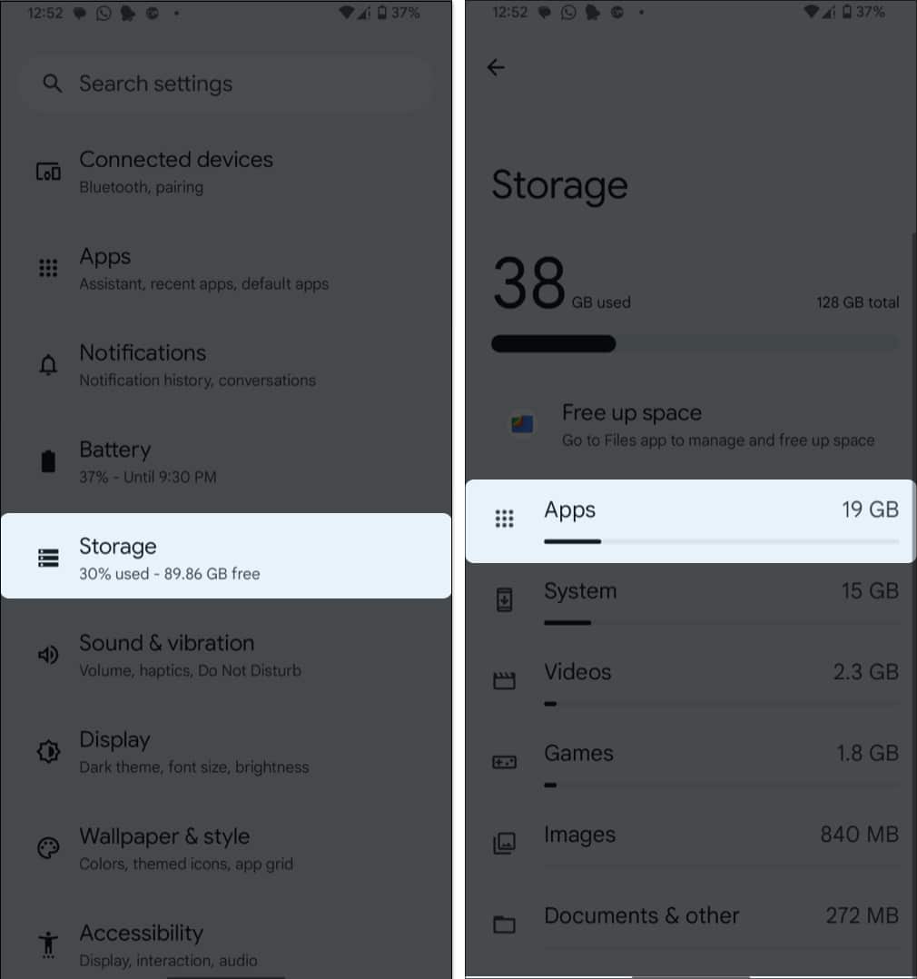Open Settings on Android phone, Go to Storage, and Tap on Apps