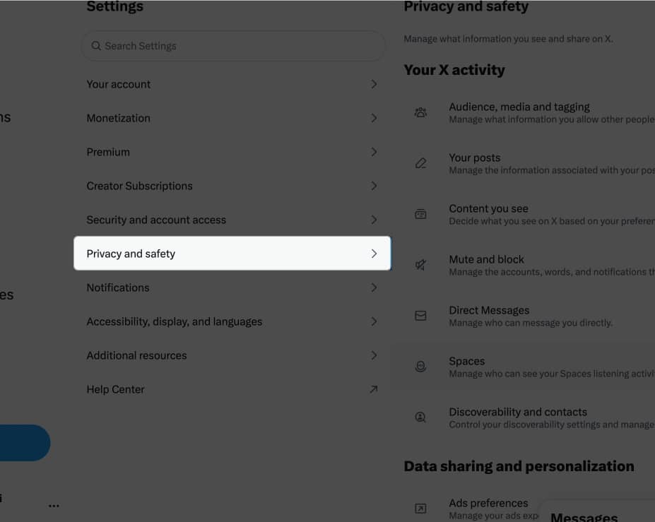 Select Privacy and safety from Settings