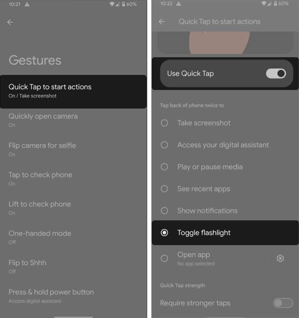 Select Quick Tap to start actions, Toggle on Use Quick Tap and Tap Toggle flashlight