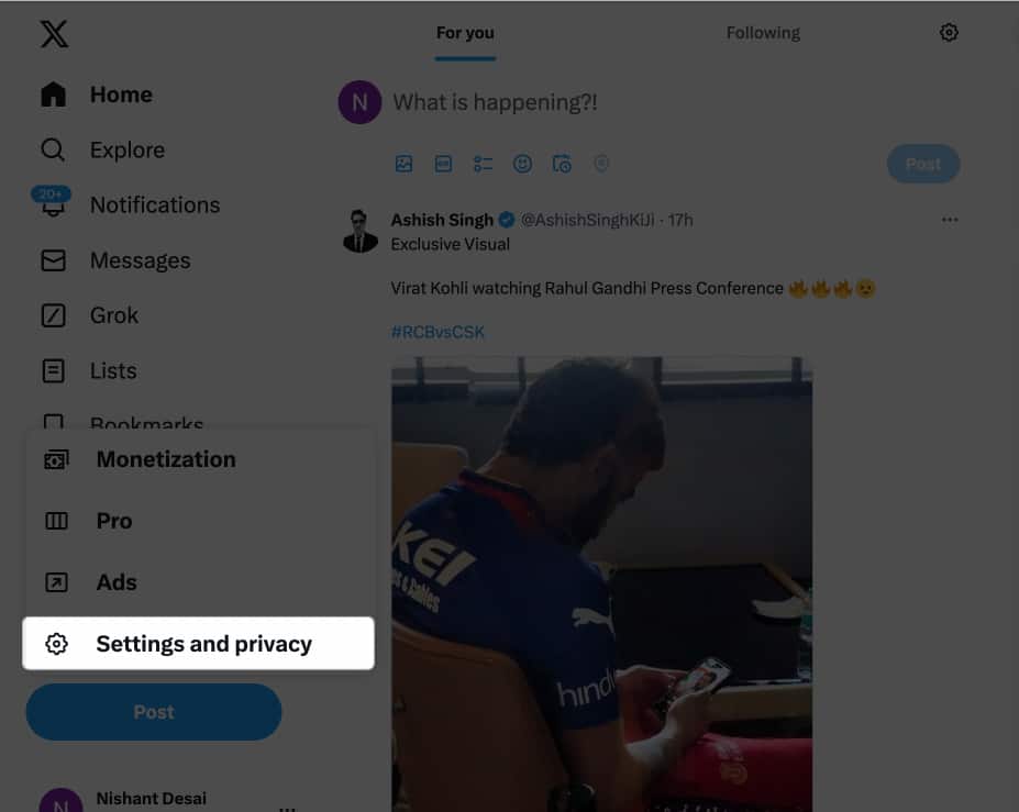 Select Settings and privacy when drop-down appears