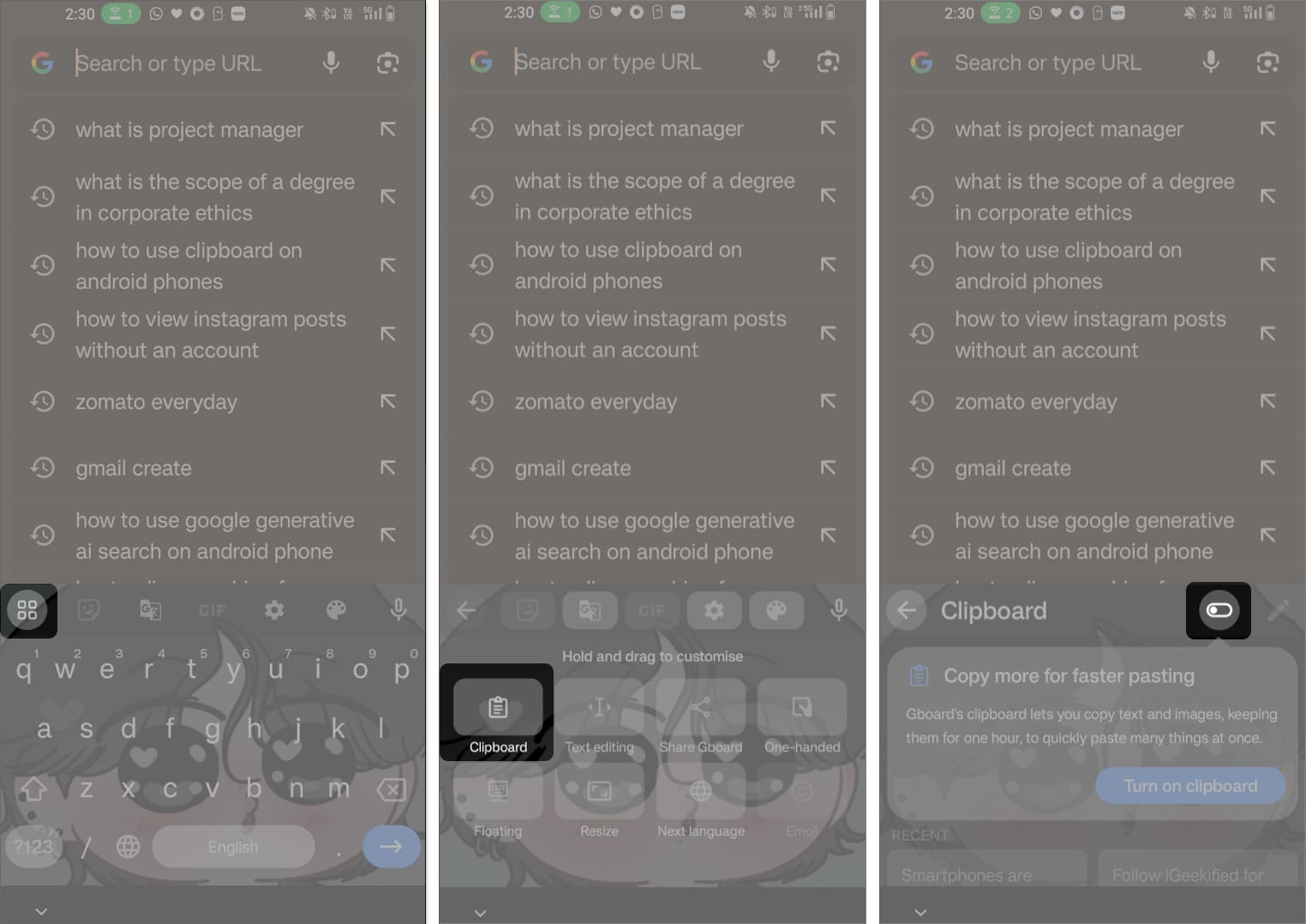 Select the four-square icon, choose Clipboard and toggle on Clipboard on your Android phone
