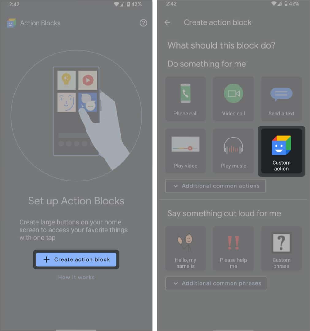Tap + Create action block and select Custom action