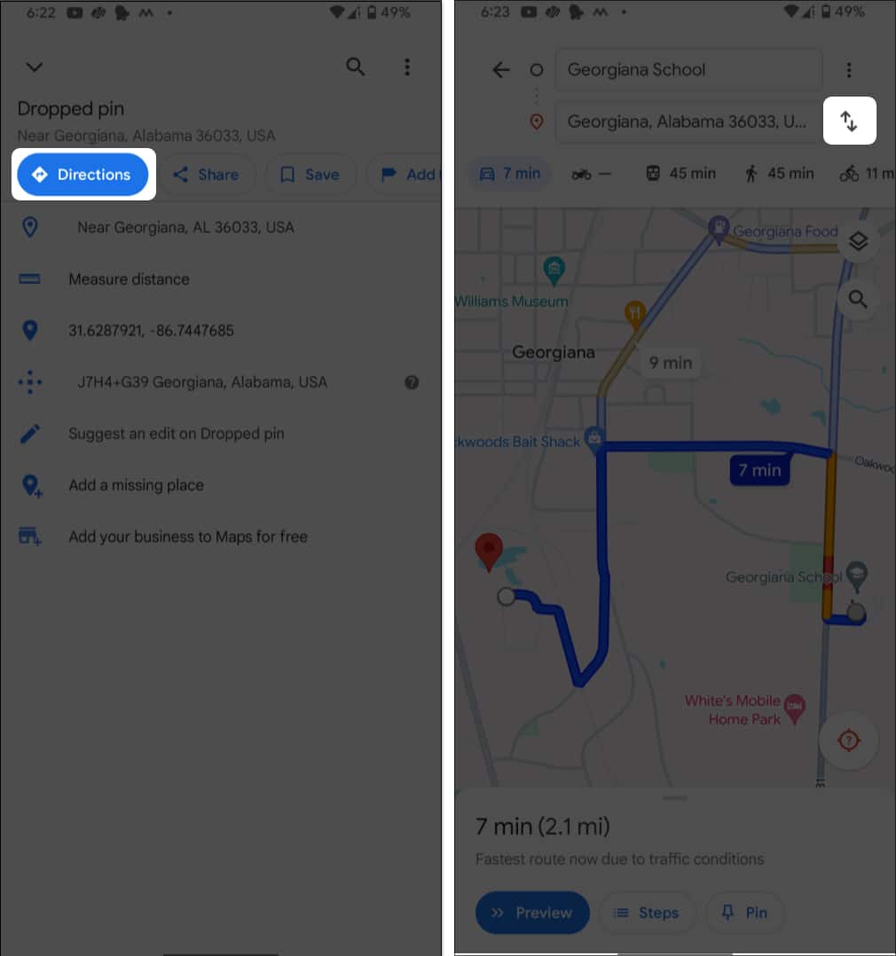 Tap on Direction to see the route or Tap on swap icon to swap the location