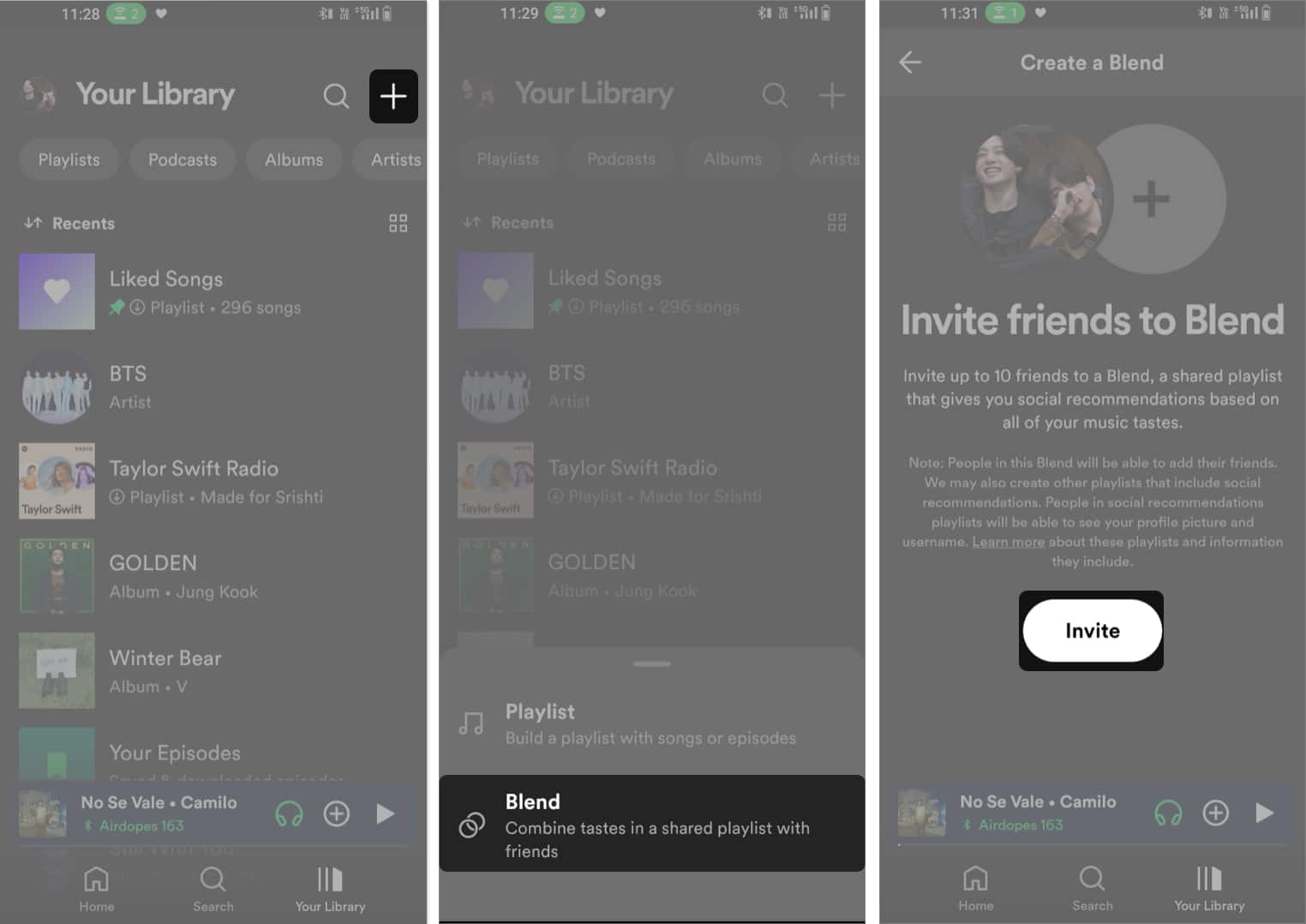 Tap on Plus icon, Choose Blend, and Pick Invite to invite friends to Blend