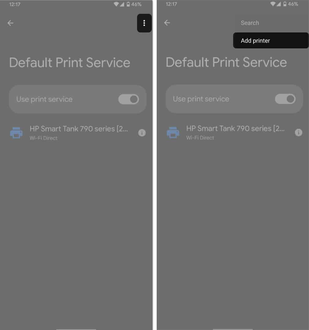 Tap on three dot icon on Default Print Service page